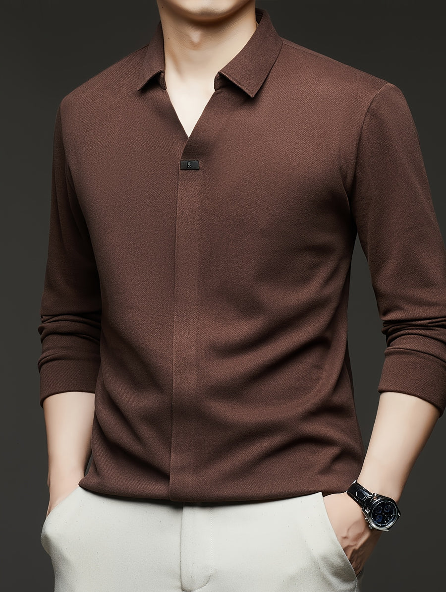 [High-End Fashion] Men'S Plus Size Polo Shirt Spring/Autumn Style French Scissor Collar Business Casual Trendy Long Sleeve T-Shirt, Suitable for Various Occasions MD967 - Coffee Color