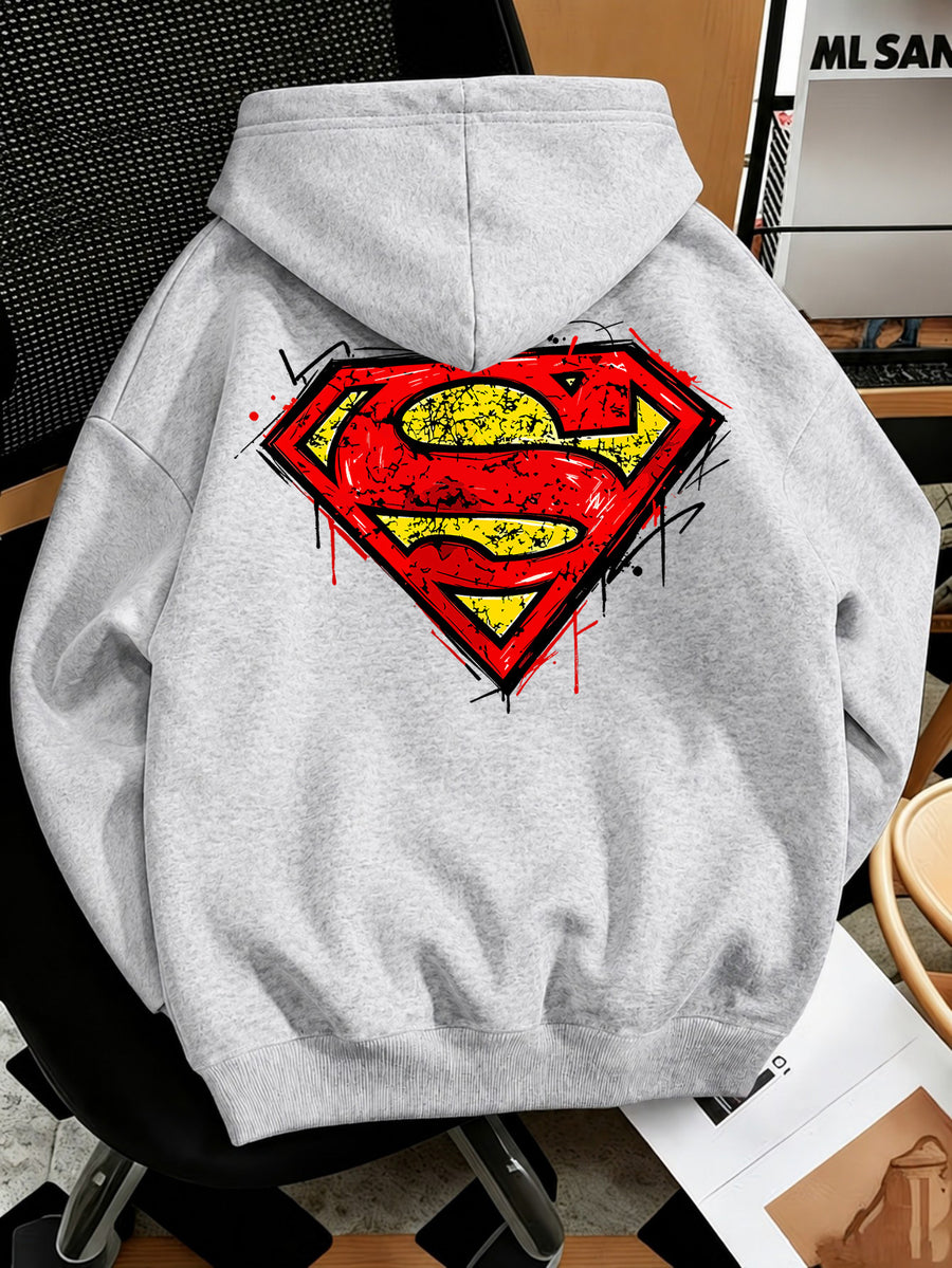 Men'S Fashion Sweatshirt, Retro Distressed Cracked Graffiti Superman Logo Print Design, Men'S Trendy Hoodie Loose Fit, Adjustable Drawstring, Fleece-Lined Sweatshirt Comfortable Fall Winter Wear, Outdoor Sports Casual Trendy Clothing - Light Grey