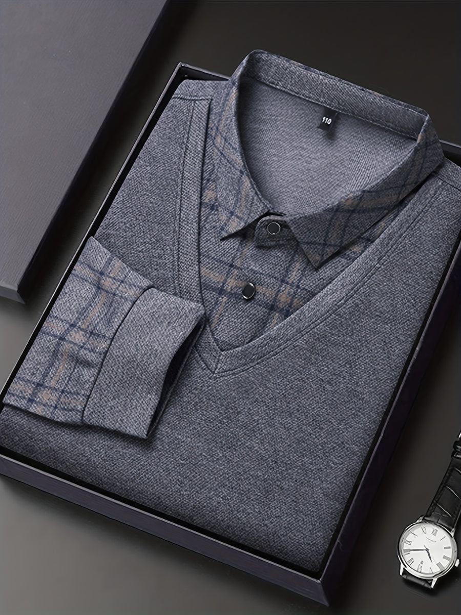 Striped Long-Sleeve Men'S Faux Two-Piece Top, Thin Autumn Winter Base Layer T-Shirt - President Gray