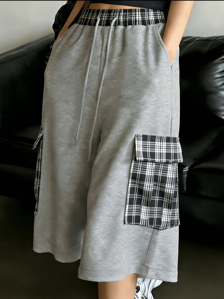 Women's Y2K Vintage Plaid Patchwork Cargo Capri Pants - High-Waisted Wide-Leg Sweatpants with Drawstring Waist & Knee-Length Length Suitable for Spring Summer Fall, Casual Wear, Machine Washable Pocket Design - Grey