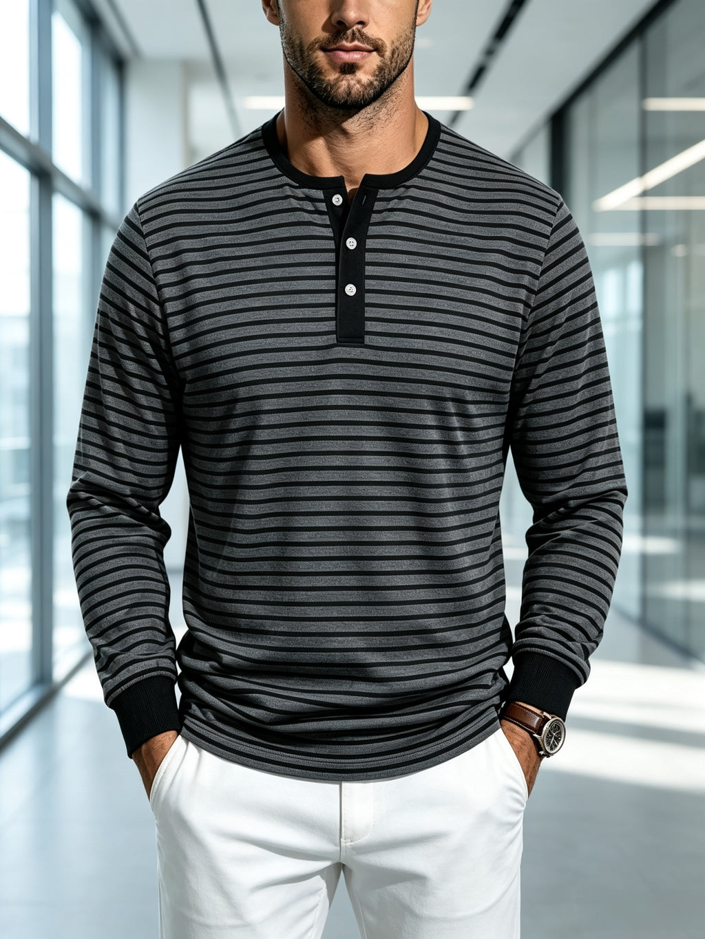 Men's Striped Henley Neck Long Sleeve T-Shirt, Fall Casual 3 Buttons Commuter Basic Shirt - Dark Gray