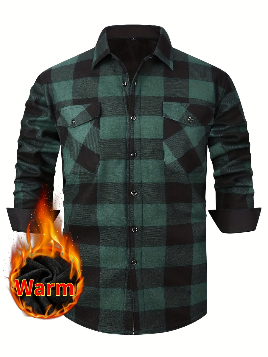 2026 Men's Plaid Shirt - Color Block Design, Brushed Lining, Warm Winter Flannel (Casual & Outdoor) Color Block Lining, Cold Weather Flannel for Outdoor Bold Color Block, Brushed Interior, Urban Style - Military Green