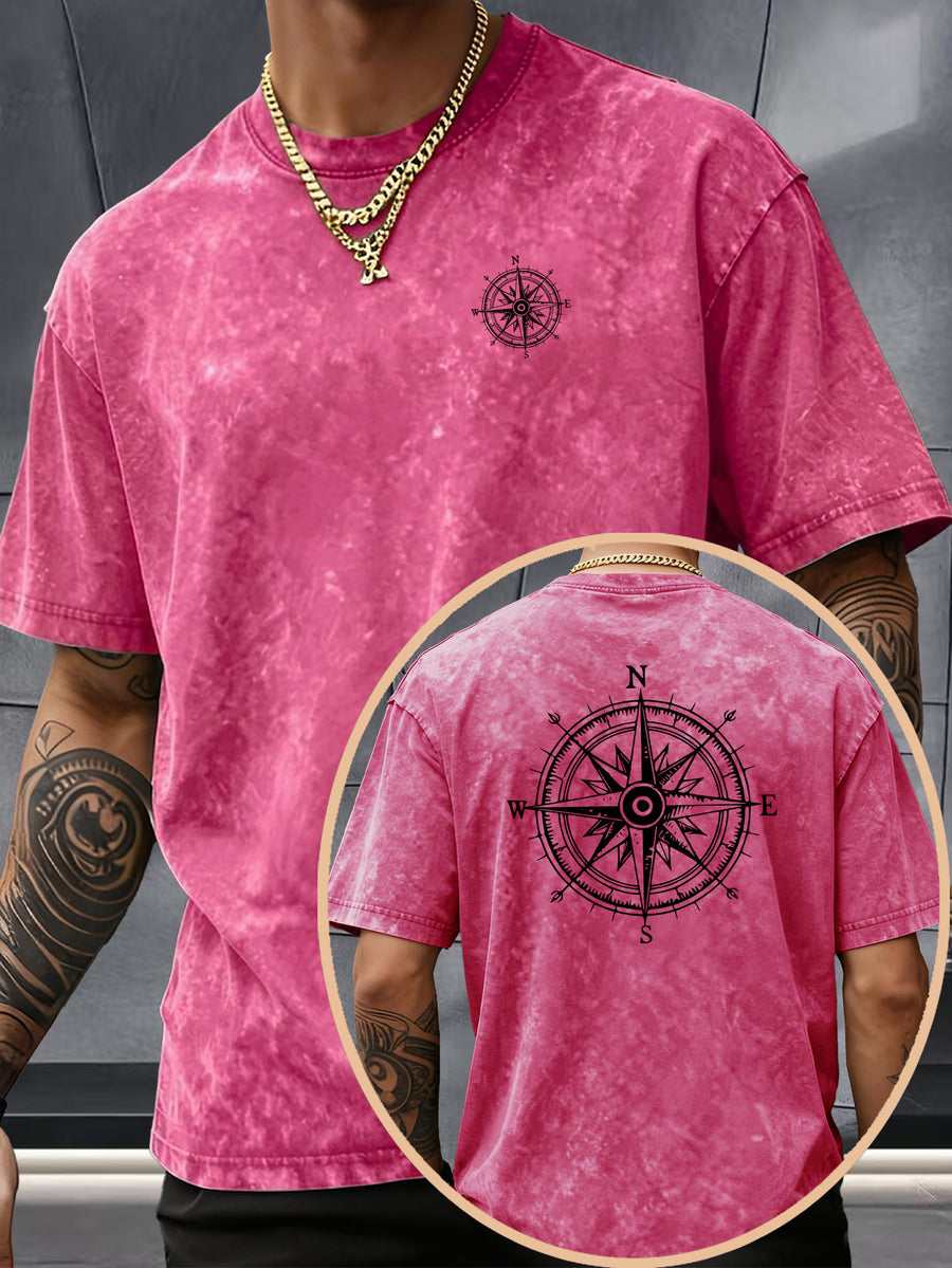 Short Sleeve Top, Washed Distressed Loose Round Neck T-Shirt, Double-Sided Compass And Needle Trendy Print, Casual Styling American Street High Street Hip-Hop Couple Style Daily Outing Commute Statement Sports Fitness All-Match Top - Rose Red