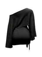 Women's Summer Versatile Elegant Off-Shoulder Top and Skirt 2pcs Set, Cross-Back Top, Fashionable Vacation and Date Outfit Set, Versatile Women's Top, Women's Summer Clothing, Summer Women's Apparel, Base Layer, Dress, Pullover, Long-Sleeve Top - Black