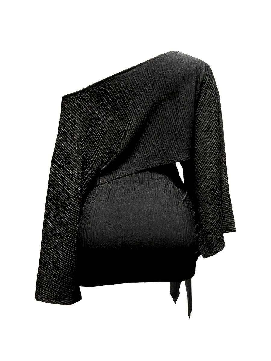 Women's Summer Versatile Elegant Off-Shoulder Top and Skirt 2pcs Set, Cross-Back Top, Fashionable Vacation and Date Outfit Set, Versatile Women's Top, Women's Summer Clothing, Summer Women's Apparel, Base Layer, Dress, Pullover, Long-Sleeve Top - Black