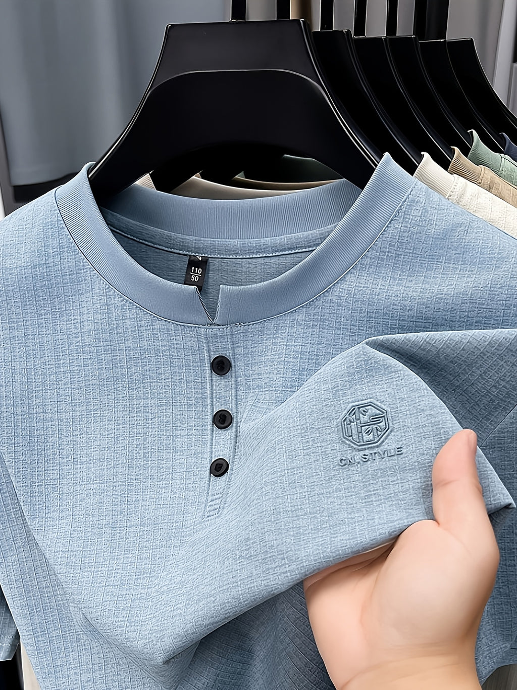Men's Summer Short-Sleeve Crewneck T-Shirt - Breathable Business Casual Round Neck Base Layer Top, Solid Color Asymmetrical Hem Suitable for Daily Work Wear, Office & Casual Outfits, Machine Washable Light Luxury Style - Star Blue