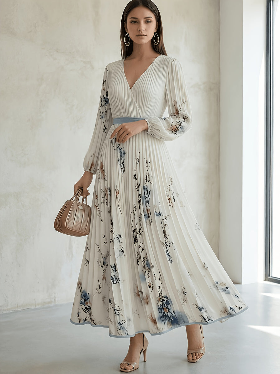 2026 Autumn Women'S Bow Tie Lace Floral Print V-Neck Long Sleeve Waist-Cinching Pleated Elegant Classic Dress, Banquet Evening Dress, Wedding Guest, Bridesmaid, Long Dress - Multicolor