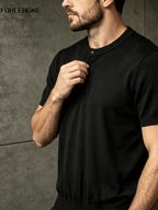 FORLENGKE Men's Summer Henley Neck Knitted Short-Sleeve T-Shirt, Solid Color Vintage Texture, Simple Yet Sophisticated, Summer Minimalist Trendy Versatile Casual Top for Layering or Wearing Alone - Black