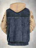 Digital Print - Men'S Hooded Sweatshirt, Faux Denim Letter Pattern, Drawstring Pullover Style, Suitable for Men, Casual Commute And Outings, Retro Preppy Loose Top, Casual Trendy Long-Sleeve Pullover, Street Style Versatile Basic Men'S Top - Mixed colors