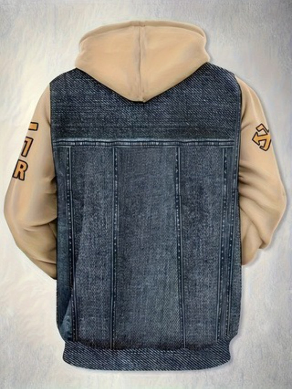 Digital Print - Men'S Hooded Drawstring Sweatshirt, Faux Denim Vintage Letter Print, Pullover Hooded Drawstring Style, Suitable for Men, Ideal for Casual Outings, Outdoor Activities, And Casual Gatherings, American Retro Preppy Style - Mixed colors
