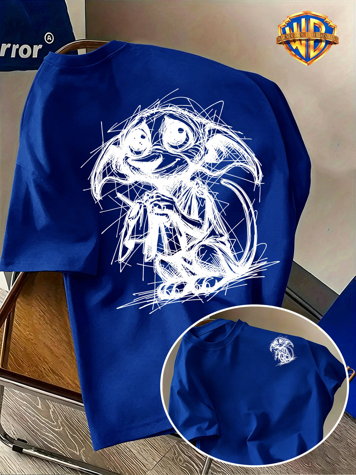 Halloween Back-to-School Season Men's Pure Short-Sleeve T-Shirt, Officially Licensed Warner Bros. Doodle Line Art Dobby Print, Versatile Casual Spring/Summer Regular Fit Top, Breathable and Skin-Friendly, Suitable for Daily Outings, Outdoor Leisure - Royal Blue