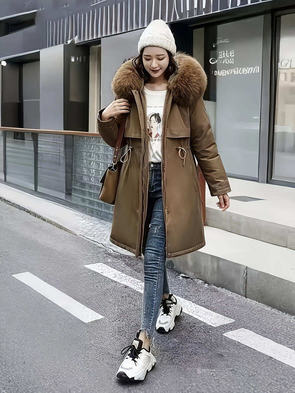 Winter New Mid-Length Fleece-Lined Vest Coat Trendy Women'S Coat Removable Collar - Coffee Color