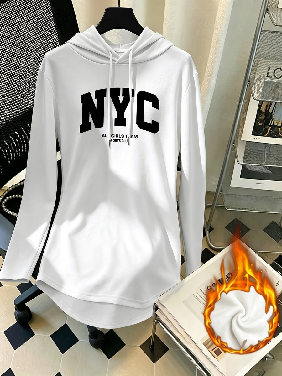 Mid-Length Hooded Sweatshirt for Women, Loose Hip-Covering Letter Print Drawstring Pullover Top - White