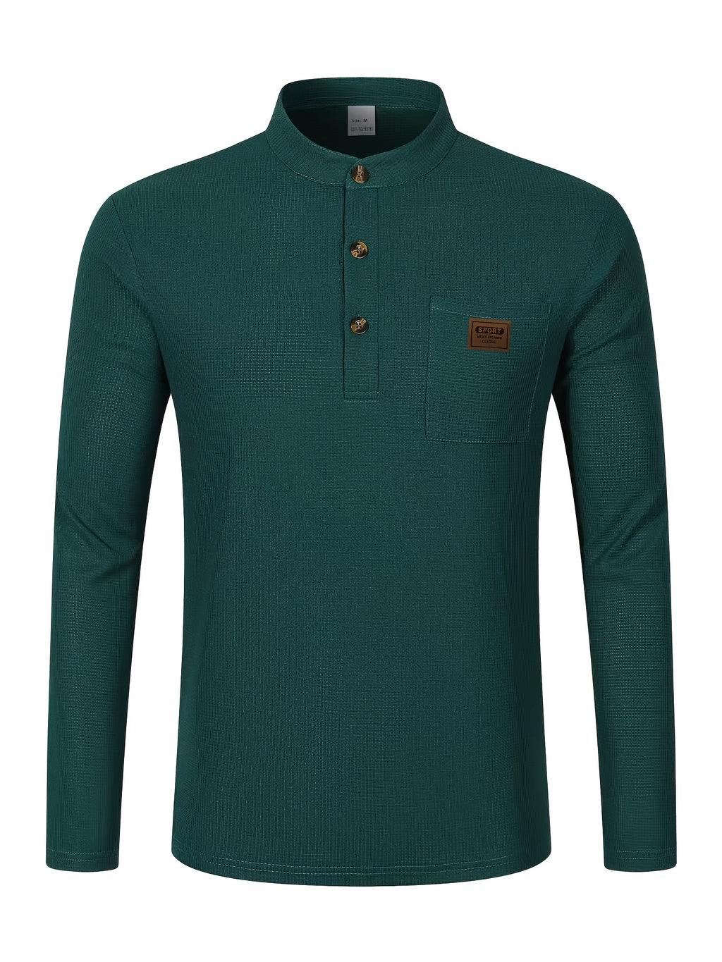 Josh Mei Selection: 2026 New Men's Stand Collar Waffle Texture Long Sleeve Shirt, Three-Button Half Open Lapel with Pocket, Lightweight and Comfortable Basic Top for Daily Outings - Dark Green