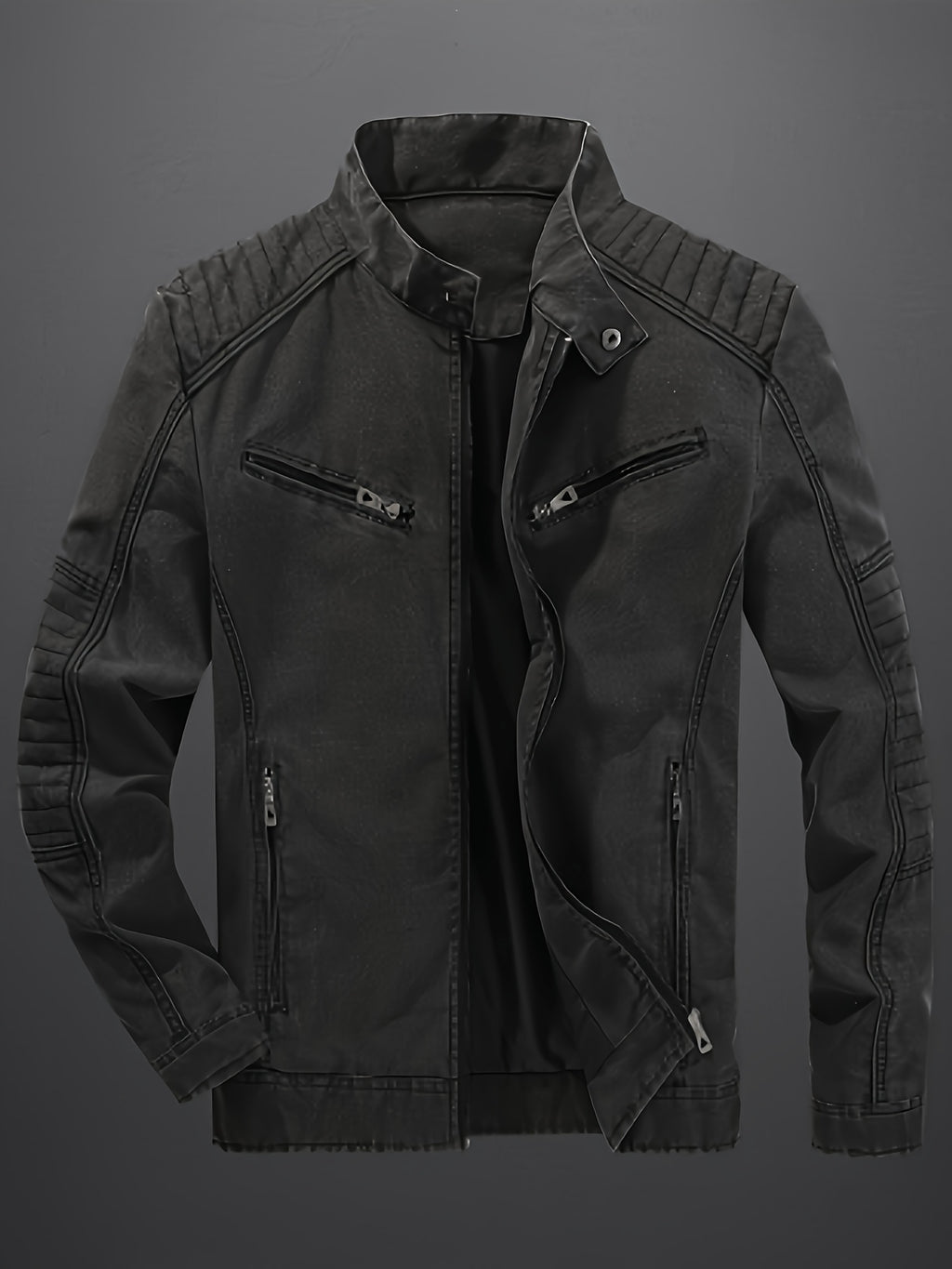 Distressed Washed Faux Denim Fabric, Stand Collar with Diagonal Zipper, Restoring American Retro Biker Style, Full Street Vibe - Black