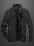 Distressed Washed Faux Denim Fabric, Stand Collar with Diagonal Zipper, Restoring American Retro Biker Style, Full Street Vibe - Black