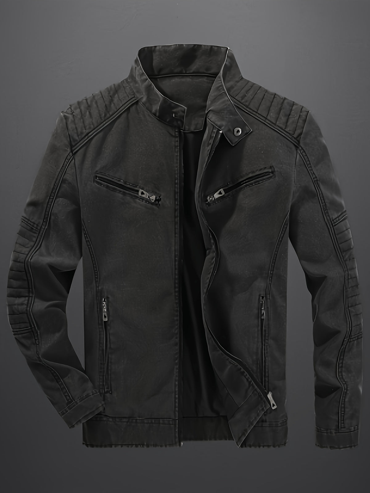 Distressed Washed Faux Denim Fabric, Stand Collar with Diagonal Zipper, Restoring American Retro Biker Style, Full Street Vibe - Black