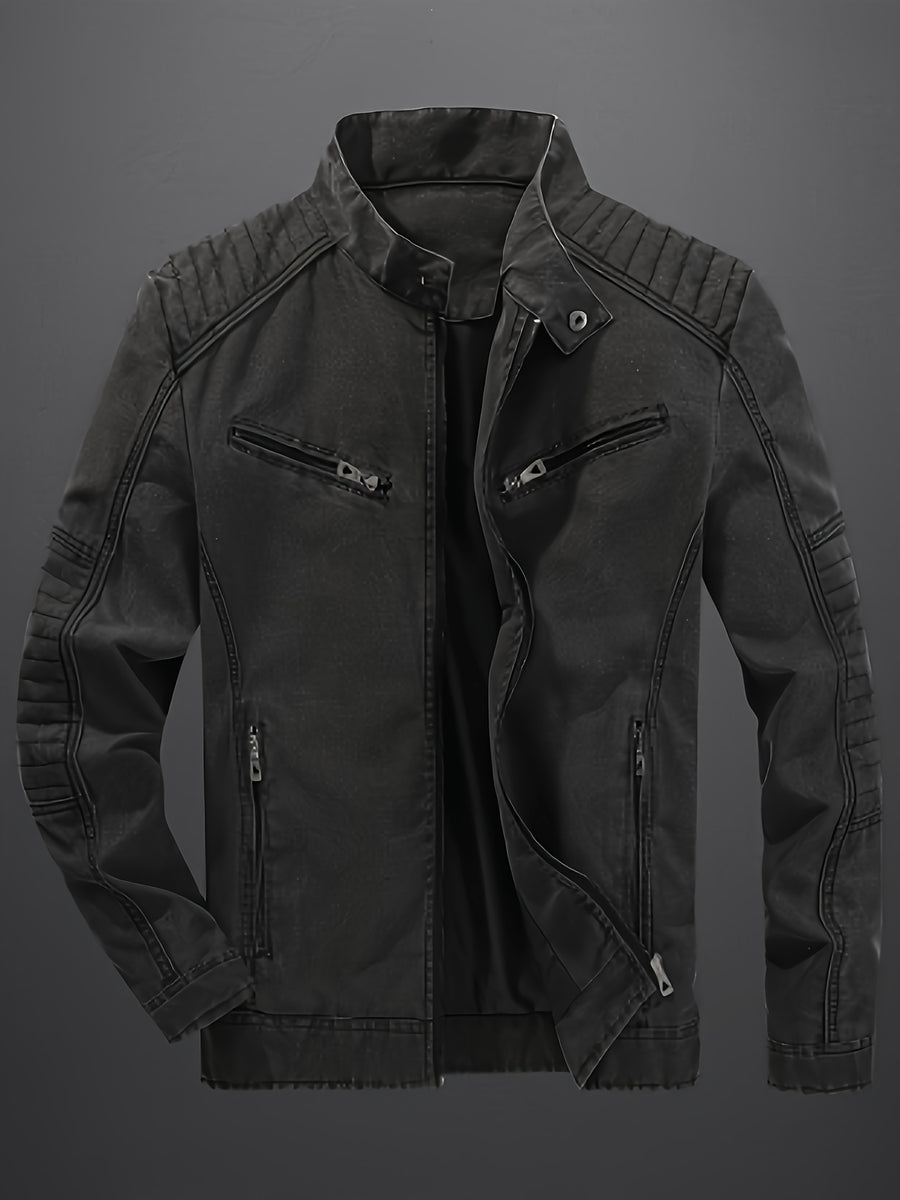 Distressed Washed Faux Denim Fabric, Stand Collar with Diagonal Zipper, Restoring American Retro Biker Style, Full Street Vibe - Black