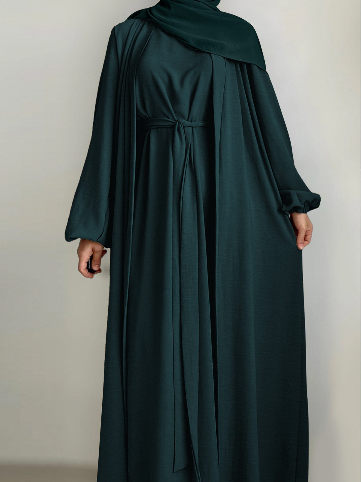 New Middle Eastern Dubai 3pcs Abaya Set - Women'S Traditional Belted Waist Dress with Cardigan And for Ramadan - Dark Cyan