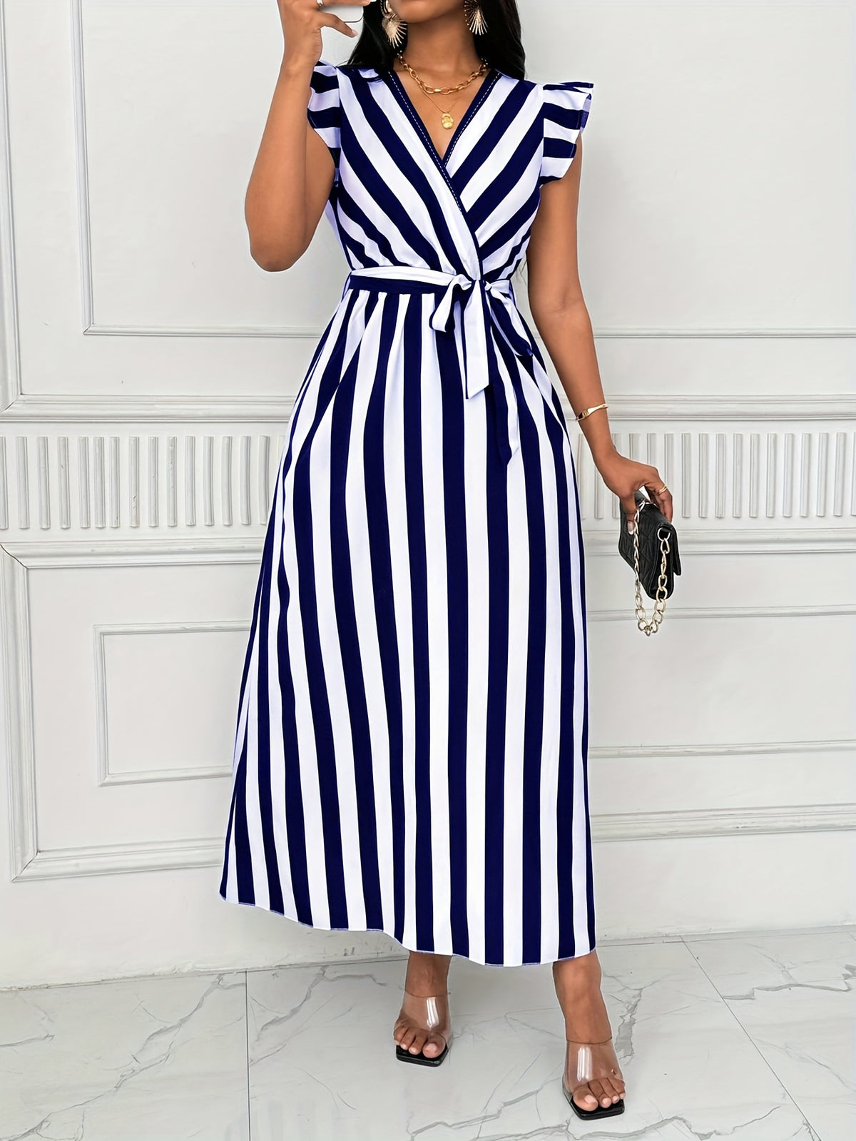 Women'S Striped Dress with Lotus Leaf Sleeves - Navy Color