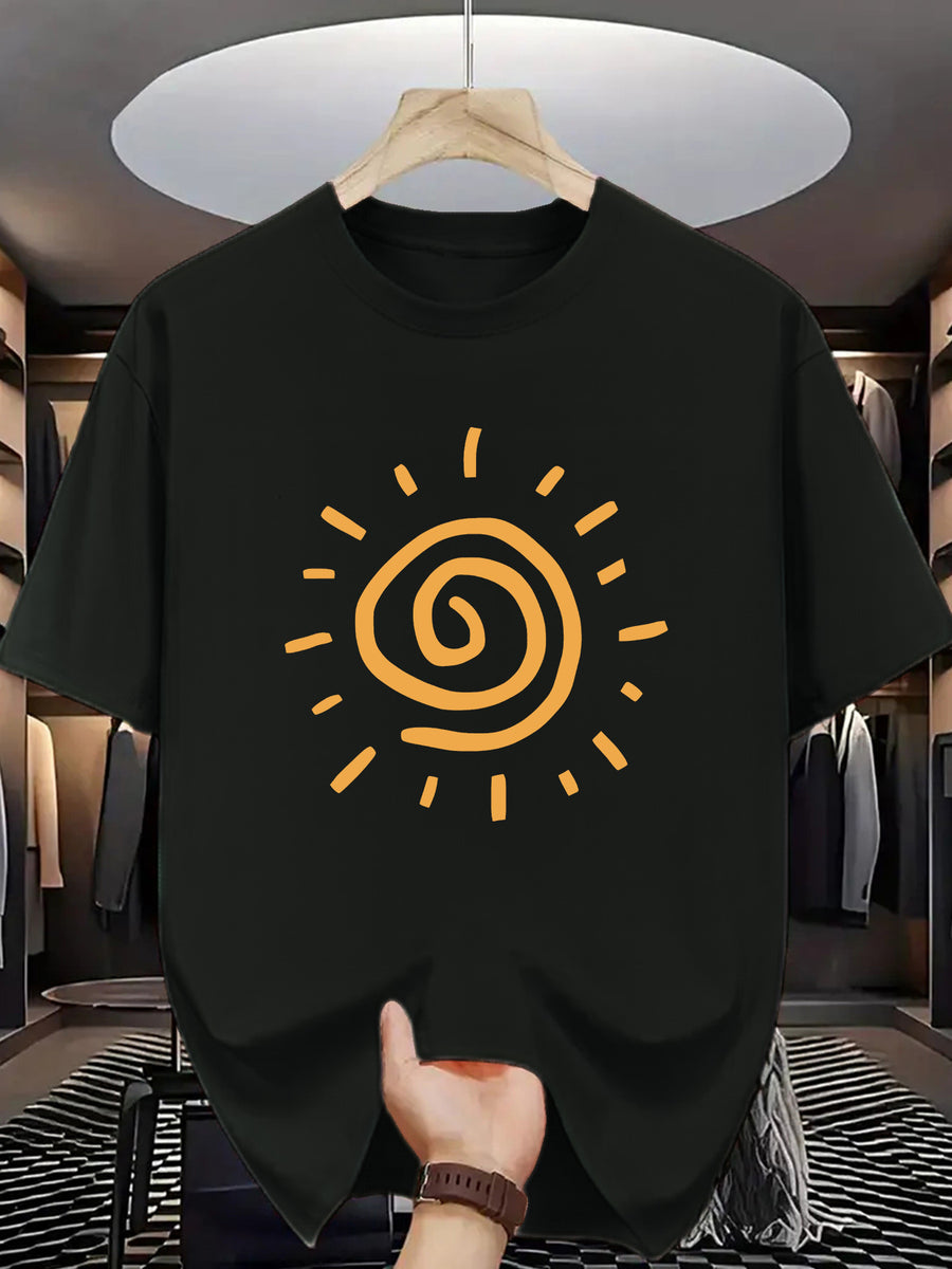 Sunny Energetic Orange Spiral Pattern Short Sleeve T-Shirt, Fresh And Fashionable, Suitable for Outdoor Activities And Daily Wear - Black