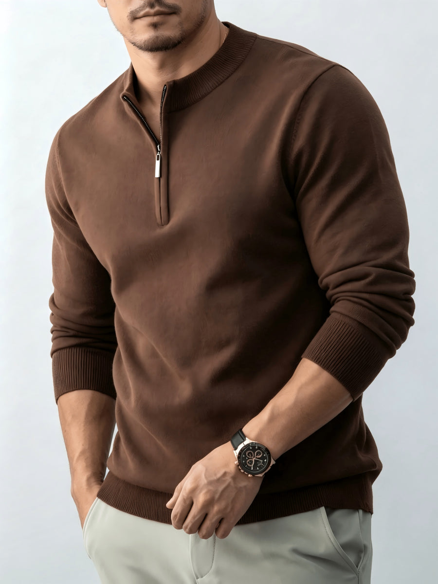 Fall Winter Men'S Half-Zipper Stand-Collar Knit Pullover, Classic Long Sleeve Fit for Casual Social Wear, Daily Commute, Light Business Meeting, Casual Gathering - Coffee Color