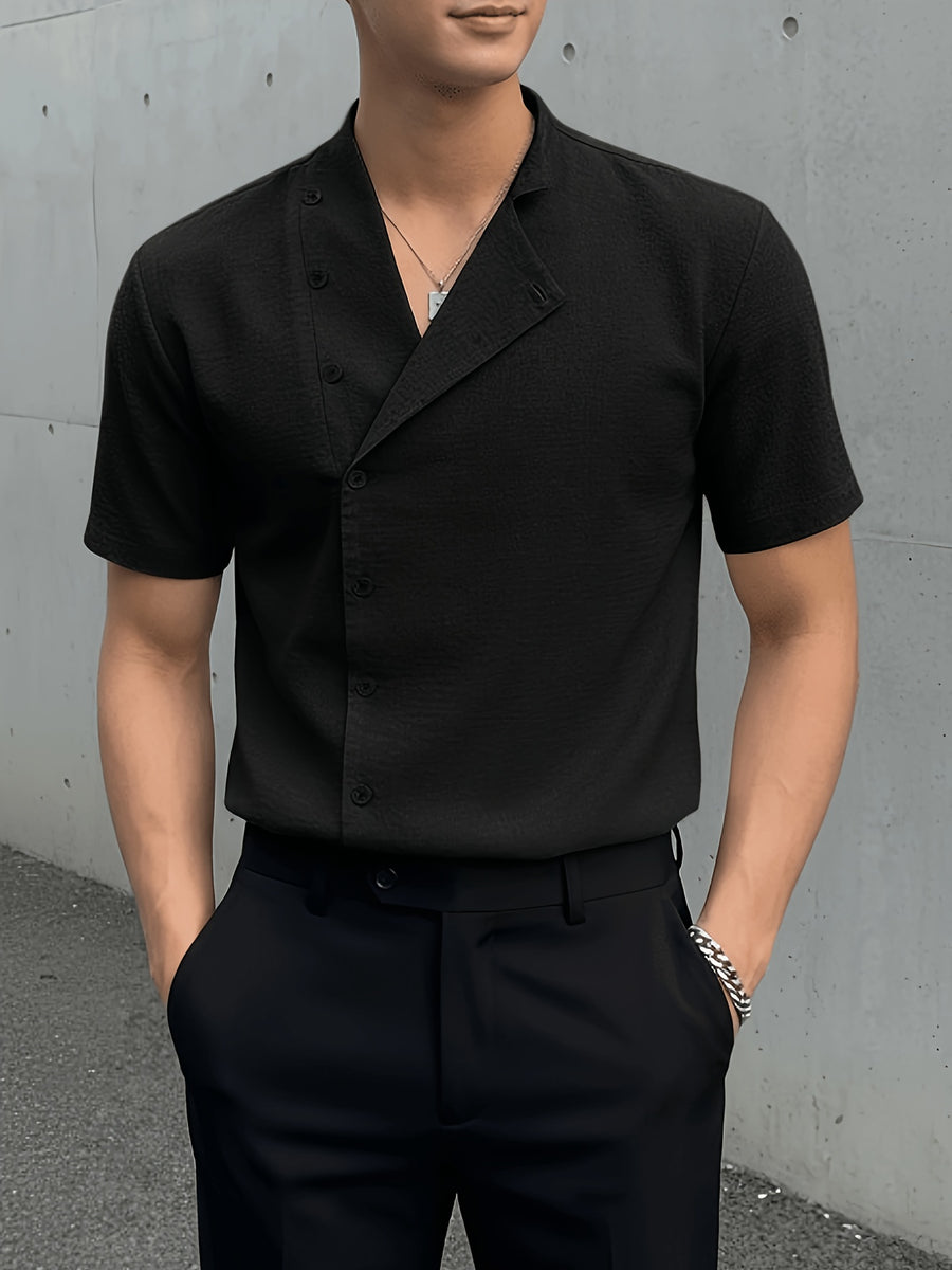 Men'S Casual Solid V-Neck Short Sleeve Shirt - Black