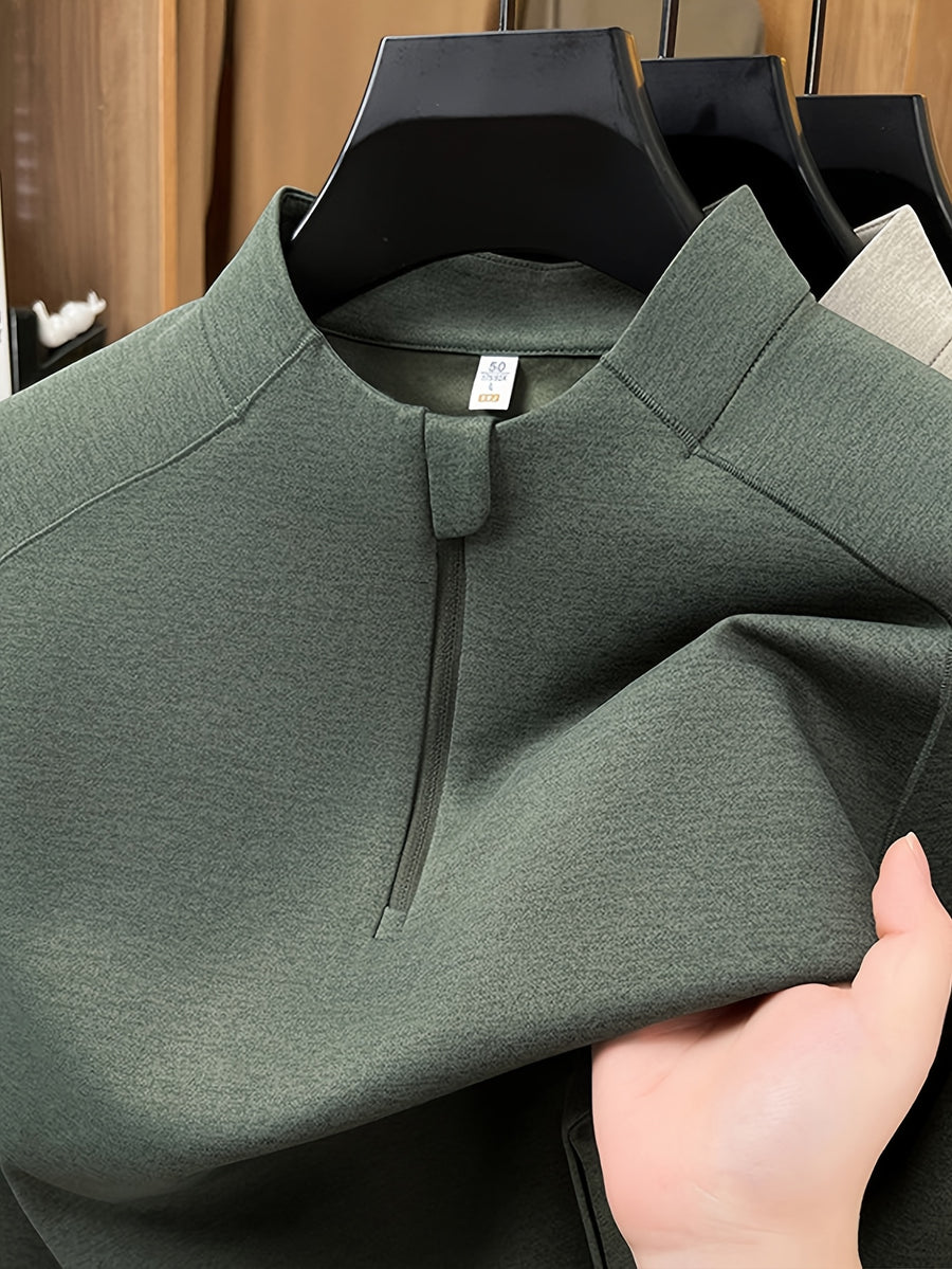Men's Stand Collar Half-Zip Long Sleeve Base Layer, Raglan Sleeve Cut, Minimalist Business Casual Functional Style Warm Top - SINBOS - fern green