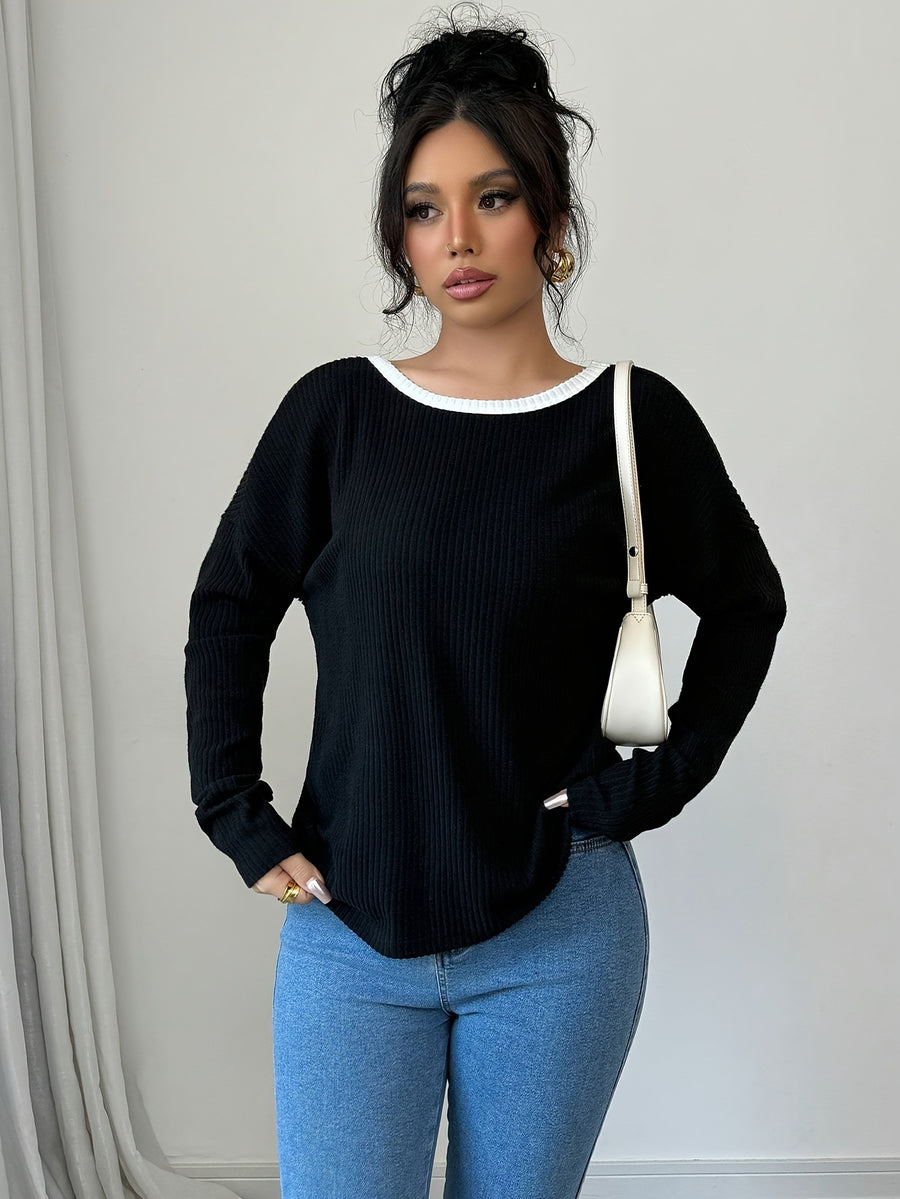 Women's Elegant and Stylish Ribbed Long Sleeve T-Shirt with Bow Tie at the Back - Black