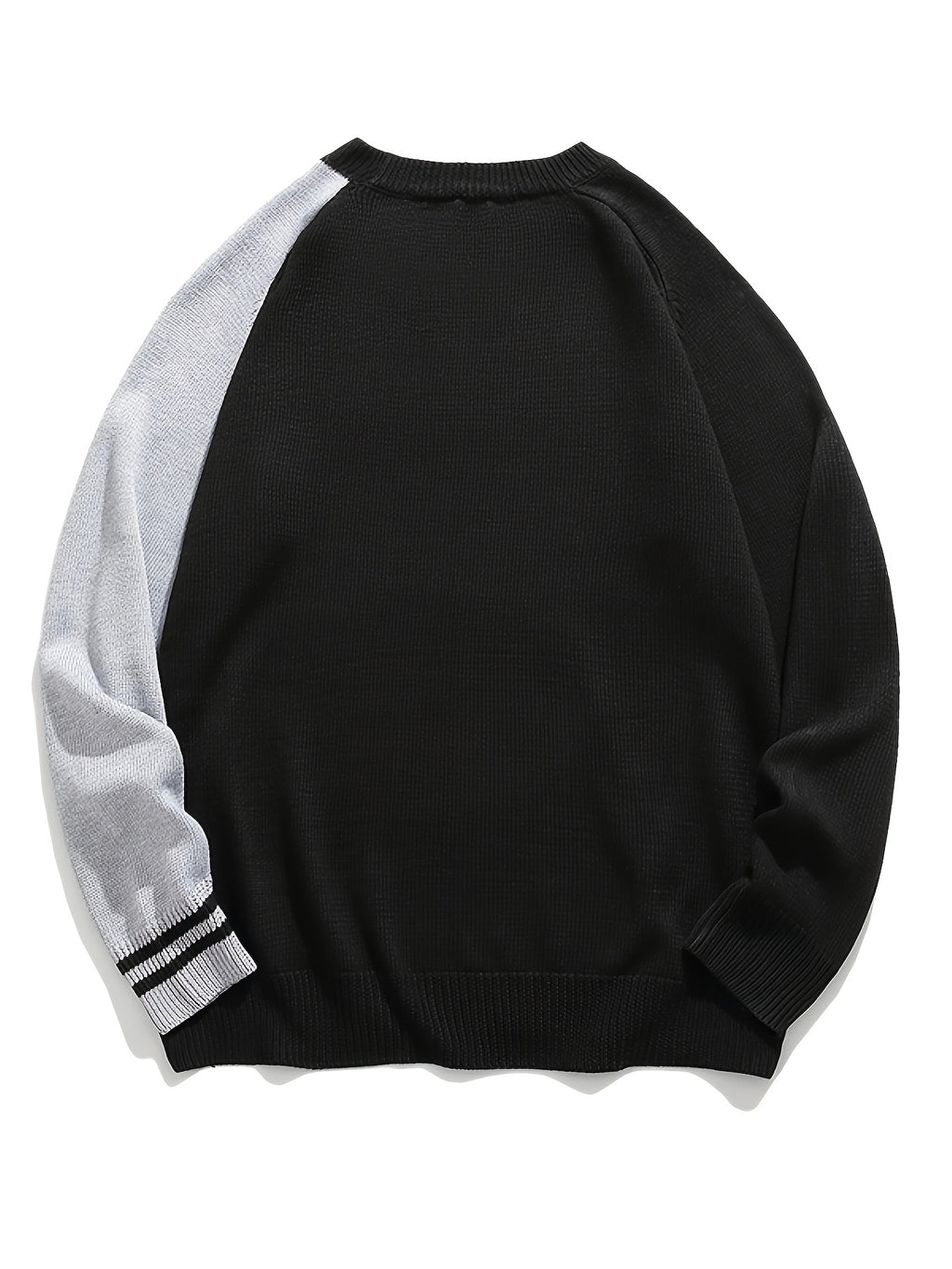 Men'S Color Block Asymmetric Patchwork Crew Neck Sweater, Versatile Casual Knit Pullover Top - Black