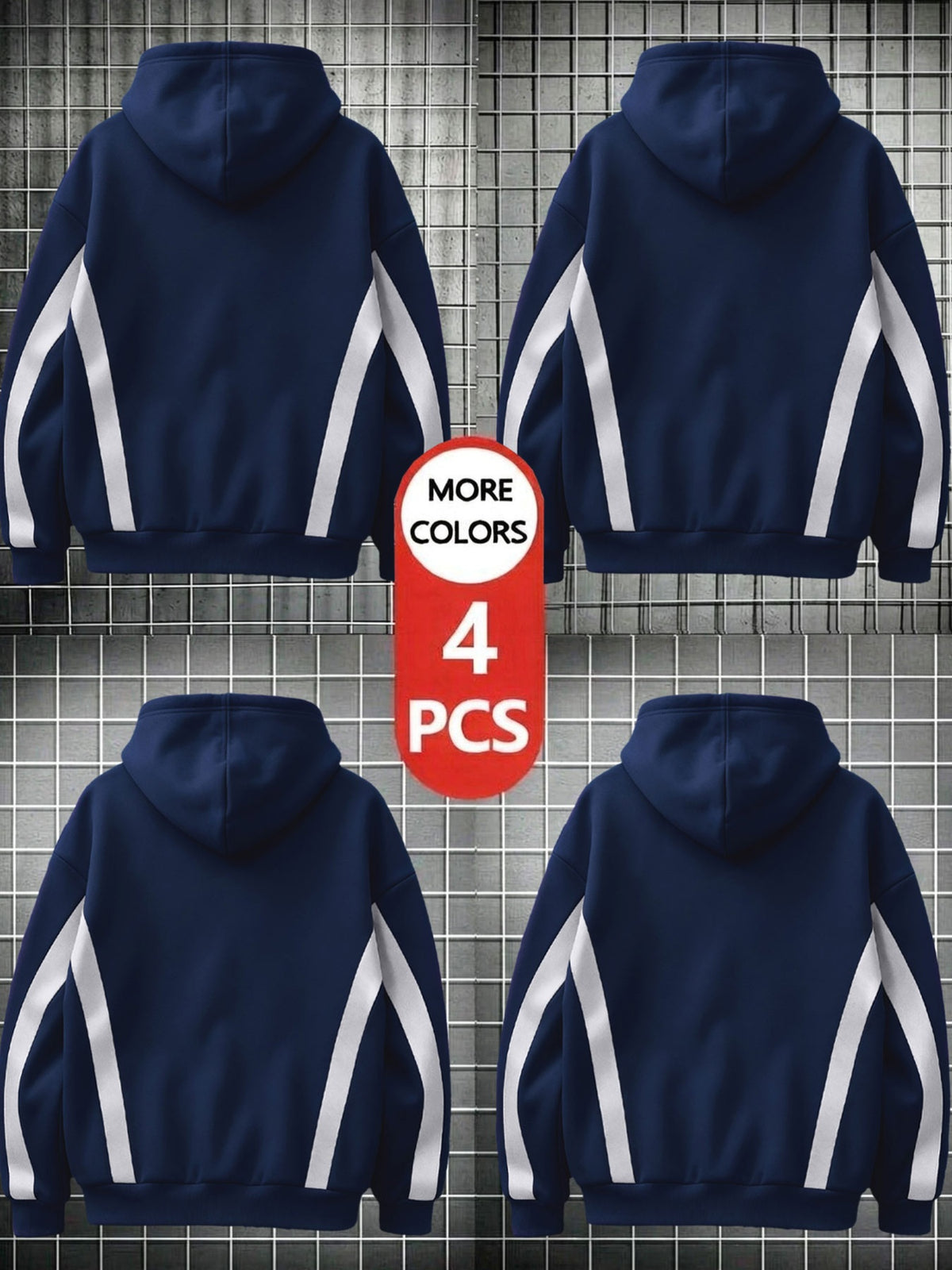 4pcs Set: 2026 Autumn/Winter Men's Street Style Hooded Sweatshirt with Diagonal Contrast Color Stripes on Sleeves, Long Sleeves, Adjustable Drawstring, Large Capacity Kangaroo Pocket for Phone, Skin-Friendly and Warm, Versatile Pullover Hoodie - Navy Blue+Navy Blue+Navy Blue+Navy Blue