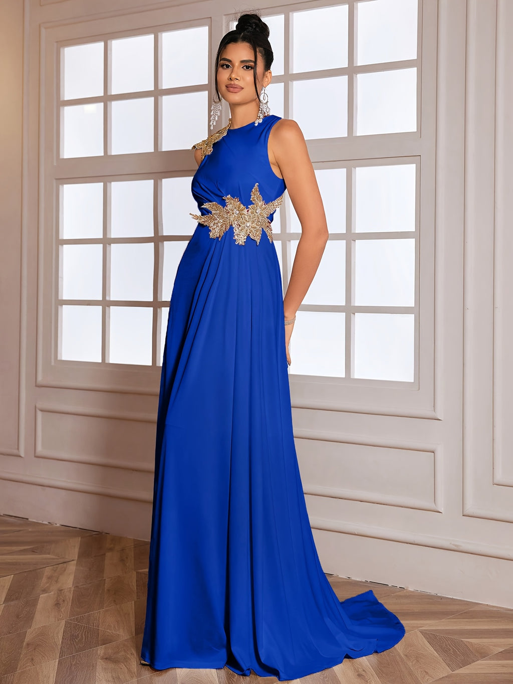 Sleeveless Round Neck Dress with Waistline Slit - Royal Blue