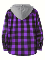 Men's Fashion Hooded Plaid Trendy Shirt Hooded Plaid Sweatshirt, Autumn/Winter Essentials, New Season - Dark Violet