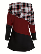 Women's Plaid Patchwork Hooded Long Sleeve Drawstring Pullover Casual Fashion Hoodie - Burgundy