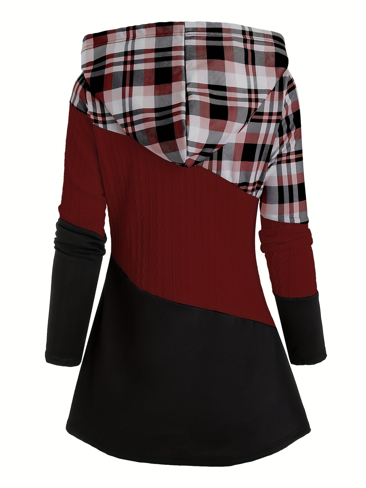 Women's Plaid Patchwork Hooded Long Sleeve Drawstring Pullover Casual Fashion Hoodie - Burgundy