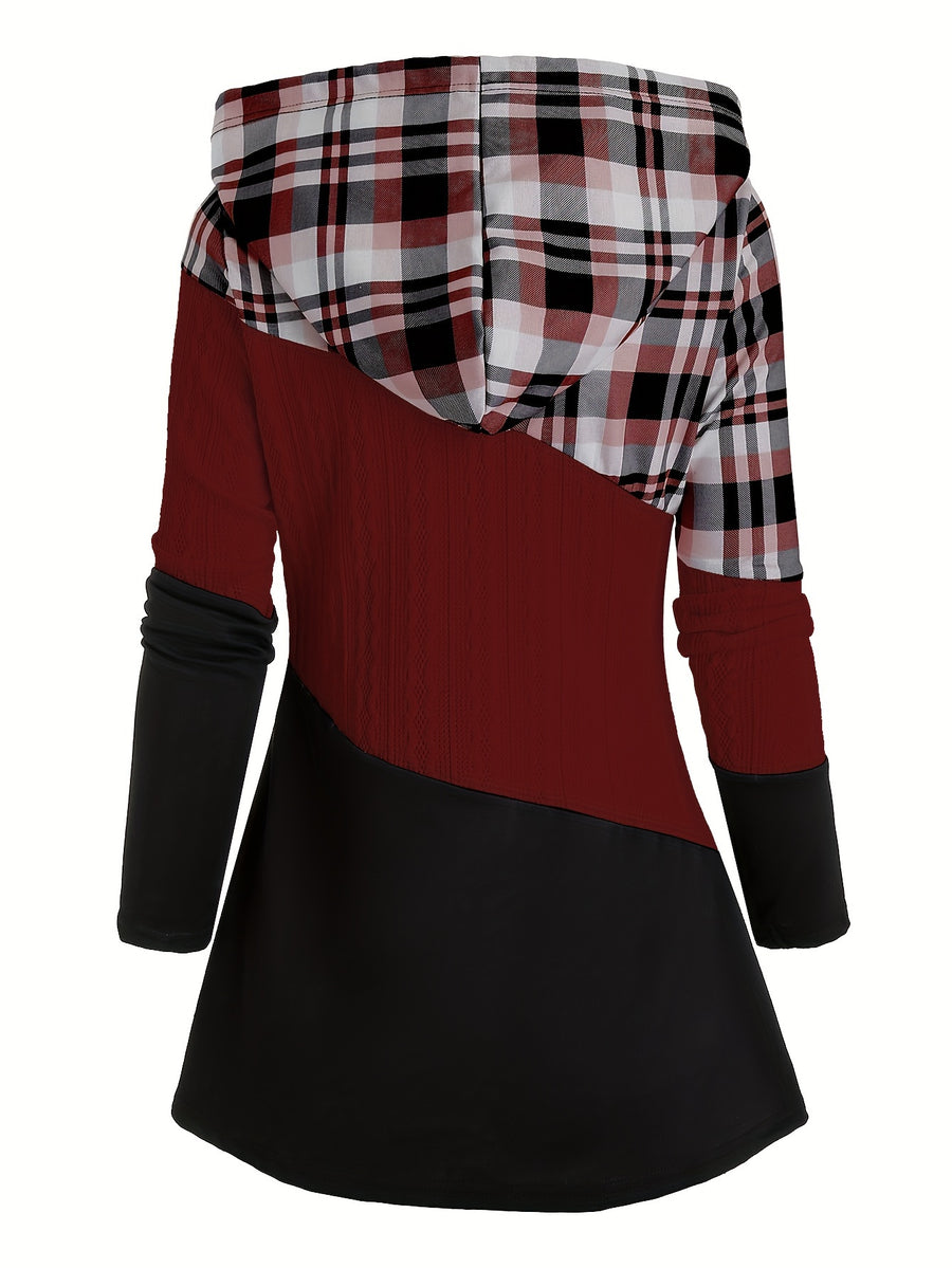 Women's Plaid Patchwork Hooded Long Sleeve Drawstring Pullover Casual Fashion Hoodie - Burgundy