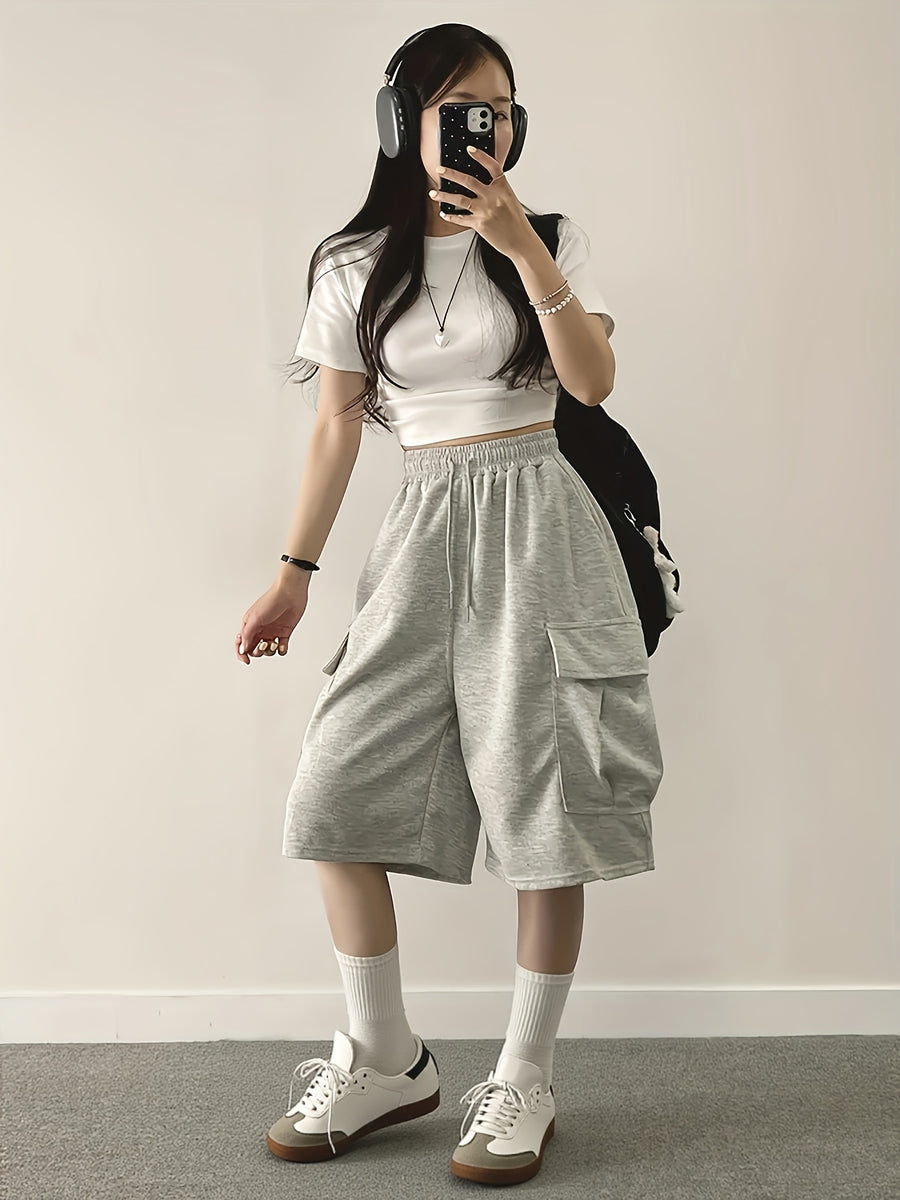 Women's Summer Solid Color Loose Fit Joggers with Pockets - Grey