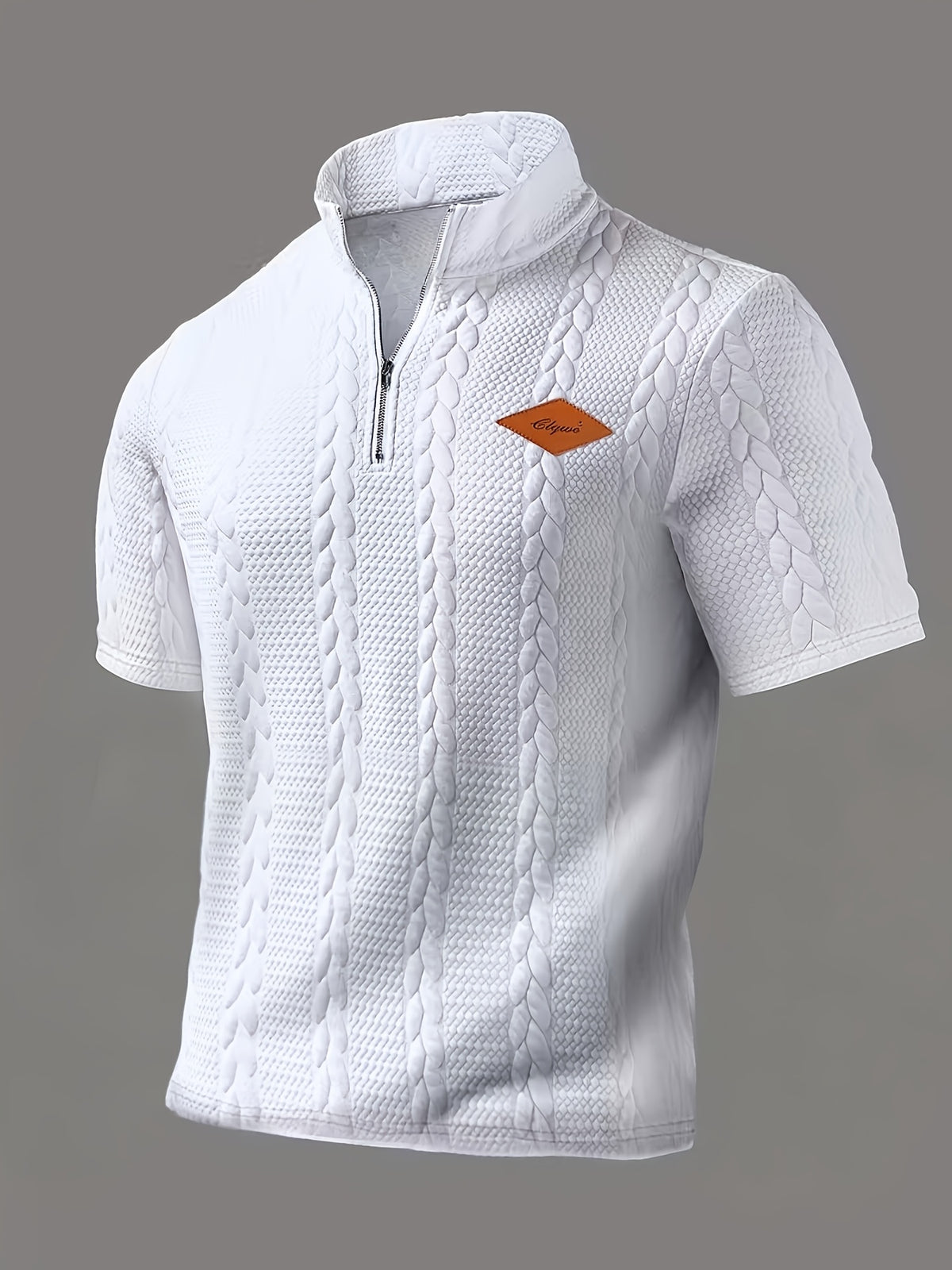 Men's Fashion Top, Spring/Summer Casual Random Cut Textured Jacquard Fabric Zipper Half-Open Placket Short Sleeve Patchwork Men's Henley Shirt - White
