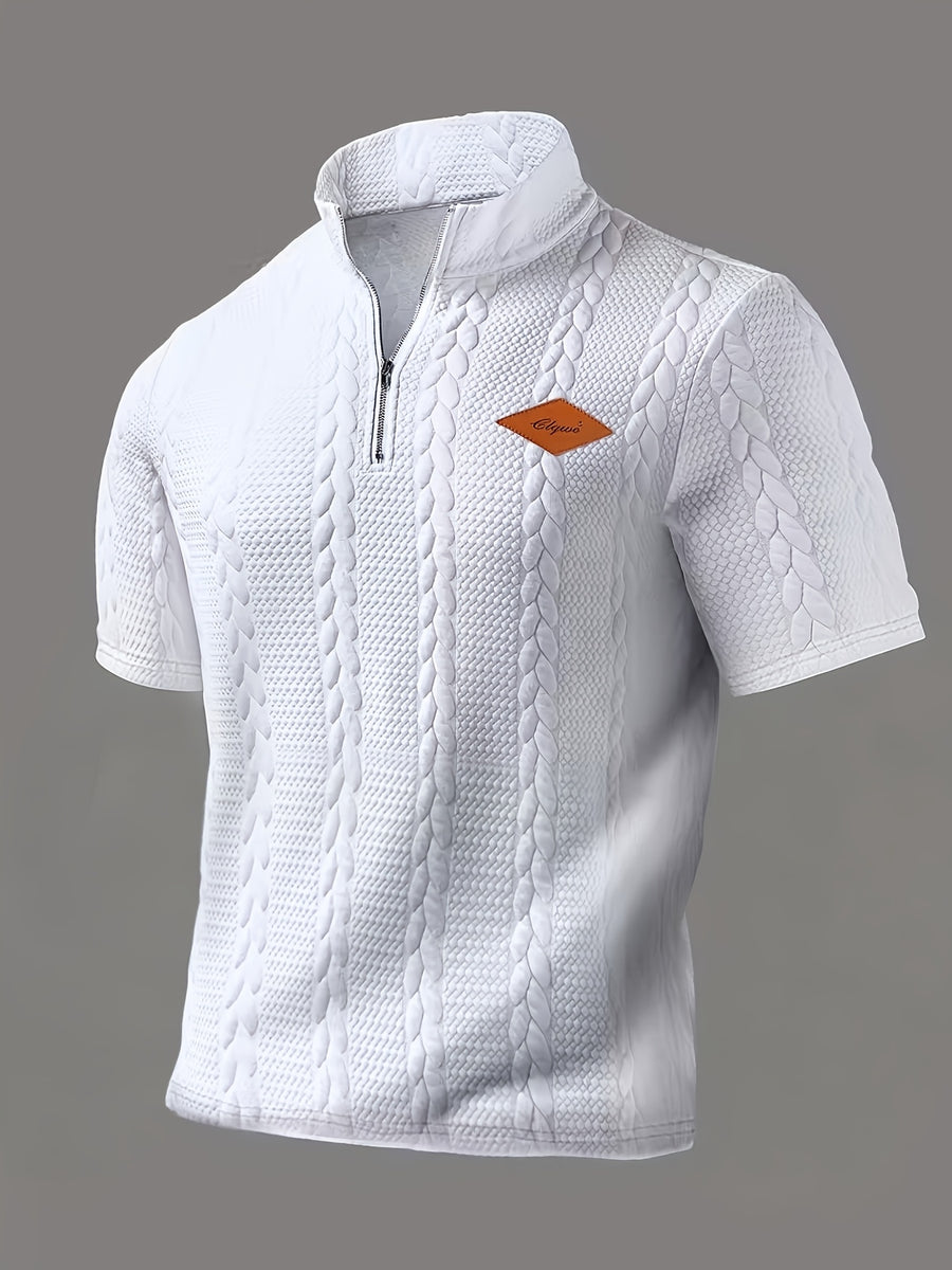 Men's Fashion Top, Spring/Summer Casual Random Cut Textured Jacquard Fabric Zipper Half-Open Placket Short Sleeve Patchwork Men's Henley Shirt - White