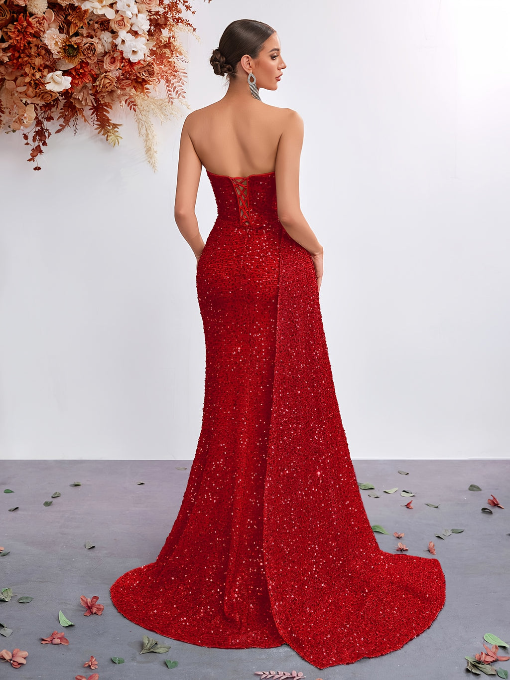 Sequined Sweetheart Neckline Mesh Panel High-Waist Long Scarf-Tie Slit Ball Gown Party Evening Dress - Red