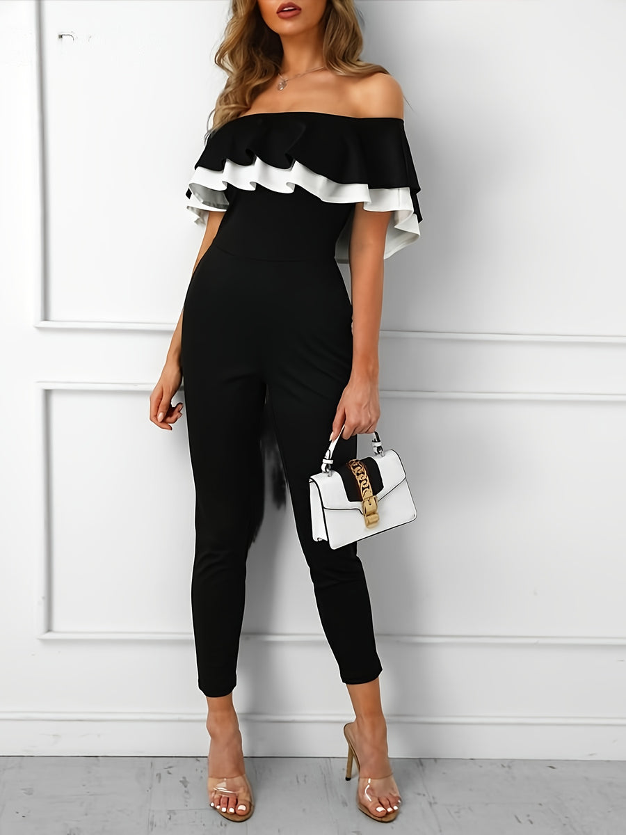 6163 Fashion Color-Block Off-Shoulder Double-Layer Ruffle Jumpsuit. Solid Color/Color Block/Off-Shoulder/Double-Layer Ruffle/No Belt/Side Pockets. Stretchy Comfort Fabric, Machine Washable. Daily Wear/Commute/Gatherings/Parties/Dates/Casual. - Black