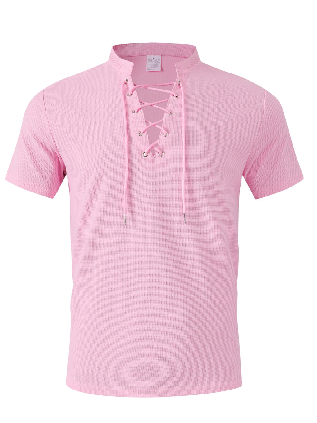 Breathable Fabric Summer Men'S Waffle Skinny Short Sleeve American Oversized Casual V-Neck Tie-Up T-Shirt - Pink