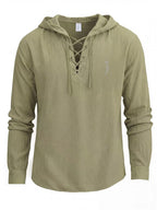 Men'S Fashion Casual Linen Shirt with Hooded Design, Cross-Front Tie Detail, Left Chest Niche Vertical Rune Branding, Rich Visual Details, Suitable for Shopping, Short Trips, And Dates, Creating a Proper And Stylish Top Outfit - Green