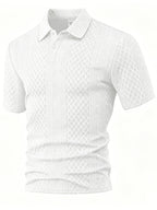 Men'S Summer Jacquard Short-Sleeve Polo Shirt, Button-Up Collar Design, High-Stretch Textured Fabric, Suitable for Business Office Casual Wear - White
