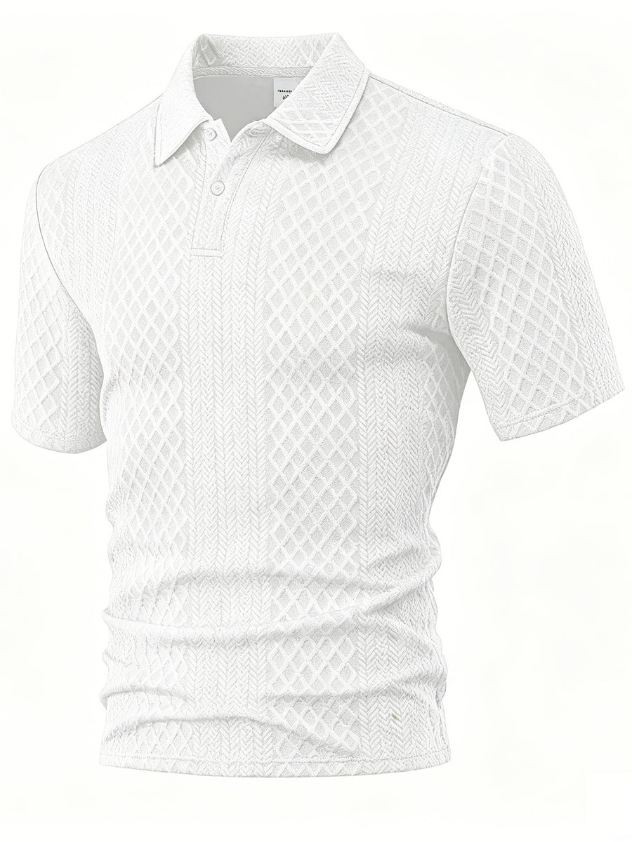 Men'S Summer Jacquard Short-Sleeve Polo Shirt, Button-Up Collar Design, High-Stretch Textured Fabric, Suitable for Business Office Casual Wear - White