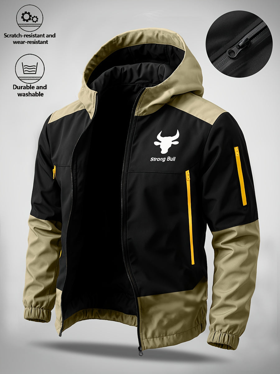 Men's Hooded Jacket with Bull Logo Colorblock Hooded Outdoor Jacket, Men's Sporty Casual Outerwear, JK1859 - Khaki