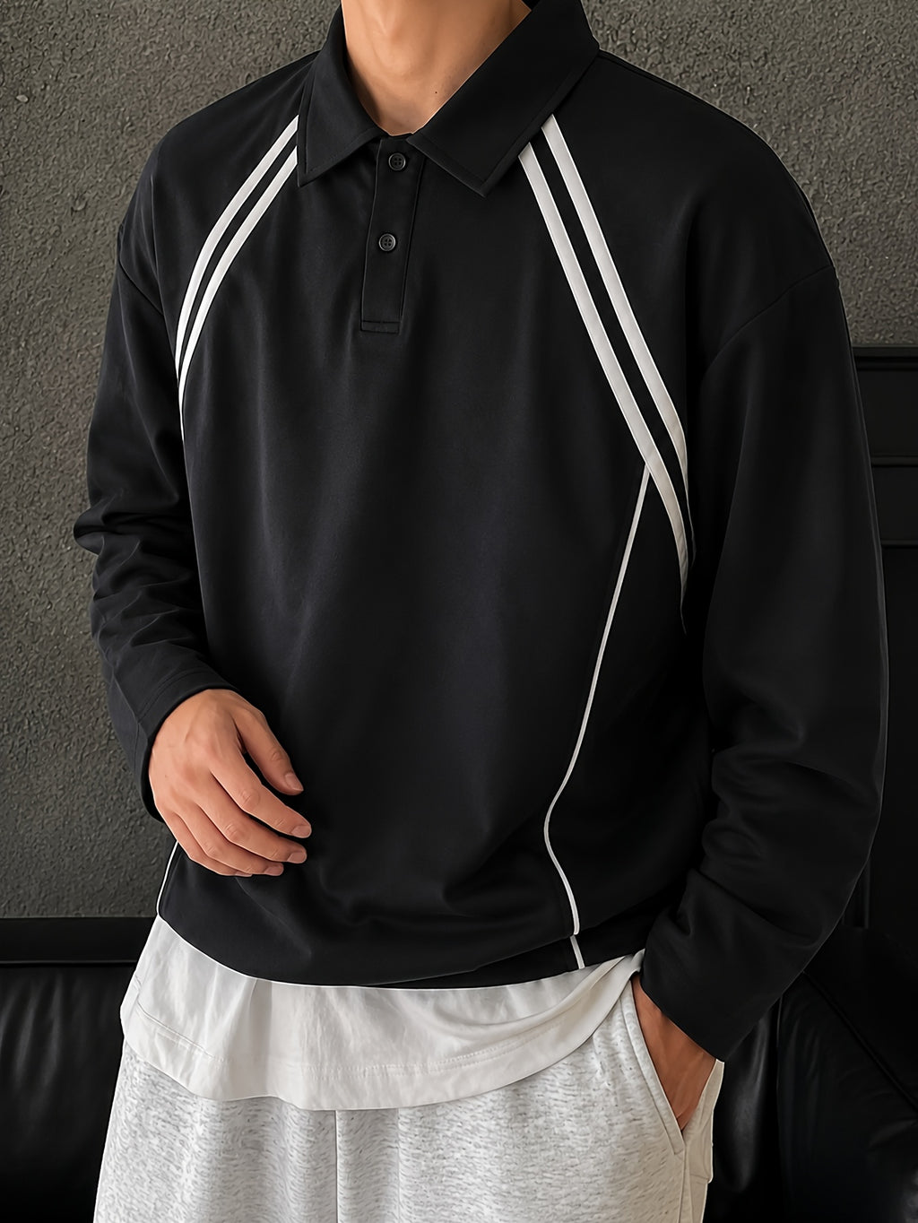 American Retro Sport Style Lapel Sweatshirt, Striped Color-Block Design Men'S Casual Loose Long Sleeve T-Shirt Pullover - Black
