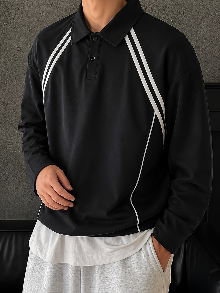 American Retro Sport Style Lapel Sweatshirt, Striped Color-Block Design Men'S Casual Loose Long Sleeve T-Shirt Pullover - Black