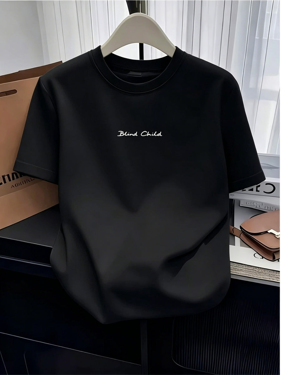 White Printed Casual T-Shirt - Stretchy Round Neck Short Sleeve Top, Suitable for Summer, Machine Washable, Comfortable for Daily Wear, Opaque Material, Stylish And Cool Summer Short Sleeve, Casual Summer T-Shirt - Black