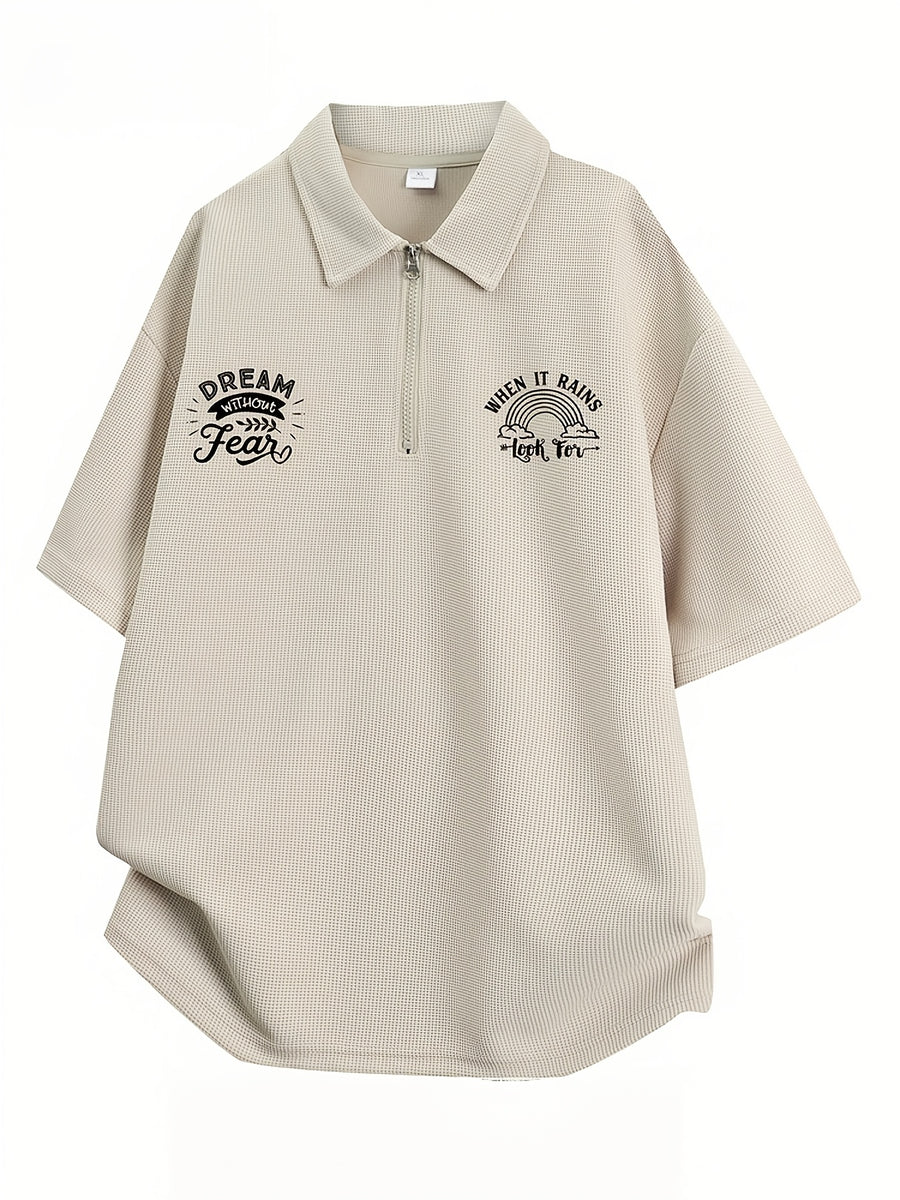 Men'S Waffle Half-Zip Polo Shirt, Casual Oversized Short Sleeve T-Shirt with Inspirational Print, Suitable for Street Style And Daily Wear - Apricot